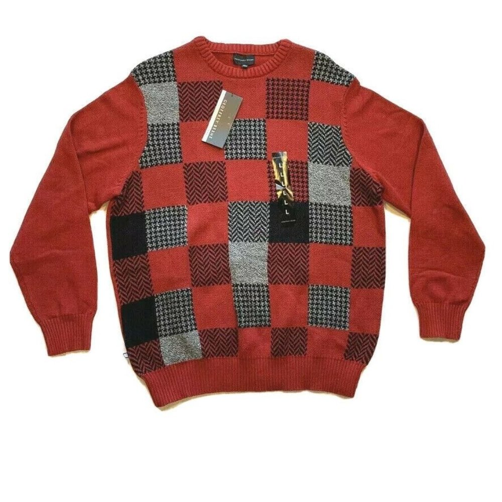 NWT Geoffrey Beene Color Block Sweater Pullover Chunky Knit Heather Red Wine L‎
